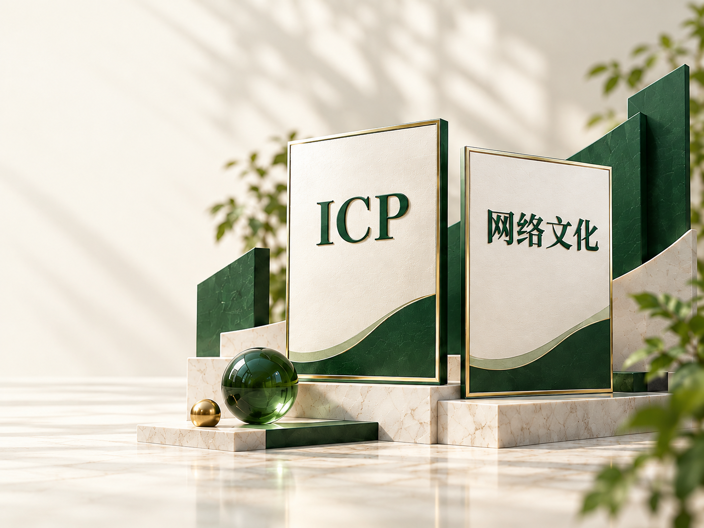 ICP与网络文化主题的绿色立体展示牌及阶梯造型